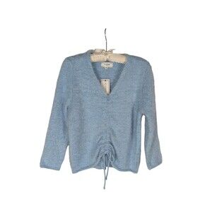 NWT No Comment Sweater L Blue Vneck Fuzzy Knit Drawstring Hem Clueless 90's